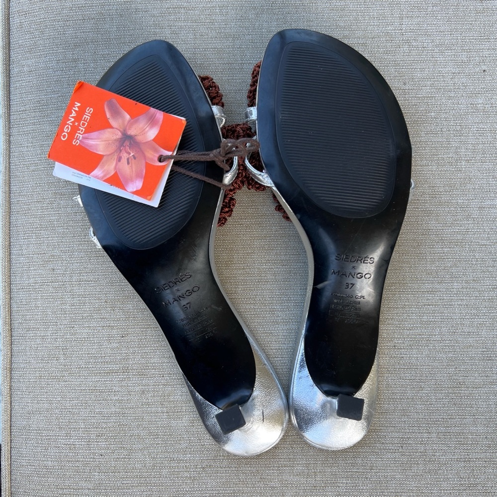 Mango Silver Slide Sandals with Brown Crochet Flowers - Picture 4 of 8